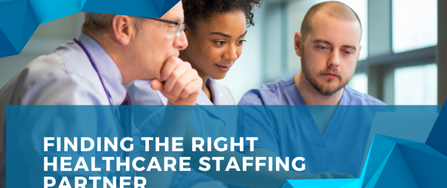 Healthcare professionals discussing staffing solutions in a modern office