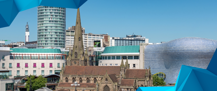 A vibrant cityscape of Birmingham, UK, featuring the historic St. Martin's Church in the foreground and modern architecture, including the iconic Bullring Shopping Centre, in the background. The image is framed with geometric blue design elements.