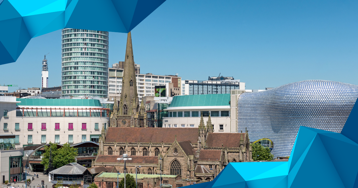 A vibrant cityscape of Birmingham, UK, featuring the historic St. Martin's Church in the foreground and modern architecture, including the iconic Bullring Shopping Centre, in the background. The image is framed with geometric blue design elements.